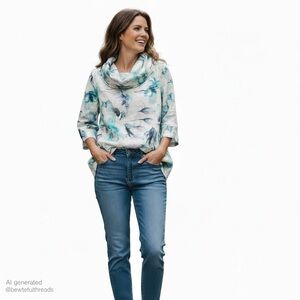 Hazel & Jools Medium Blue Green Linen Floral Tunic Top 🌿